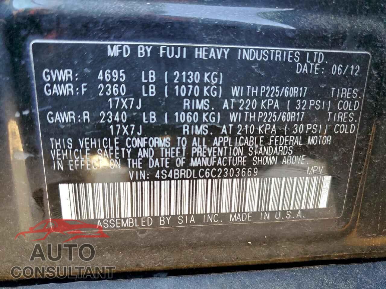 SUBARU OUTBACK 2012 - 4S4BRDLC6C2303669