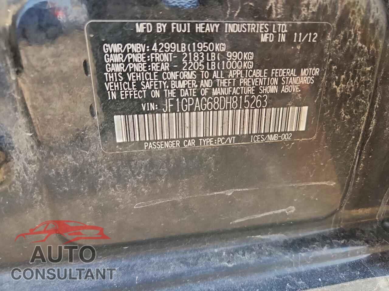 SUBARU IMPREZA 2013 - JF1GPAG68DH815263
