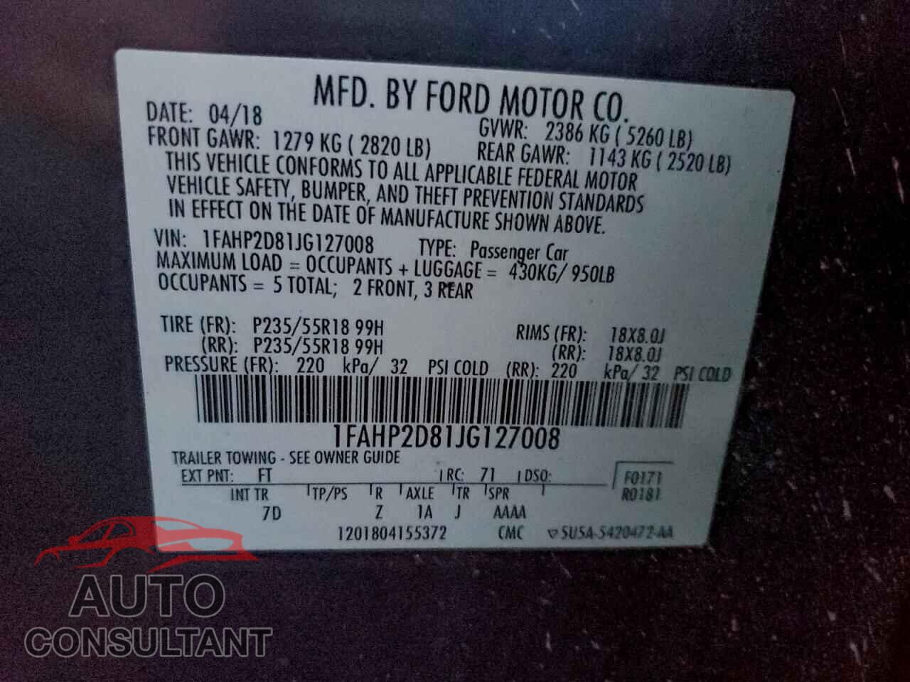 FORD TAURUS 2018 - 1FAHP2D81JG127008