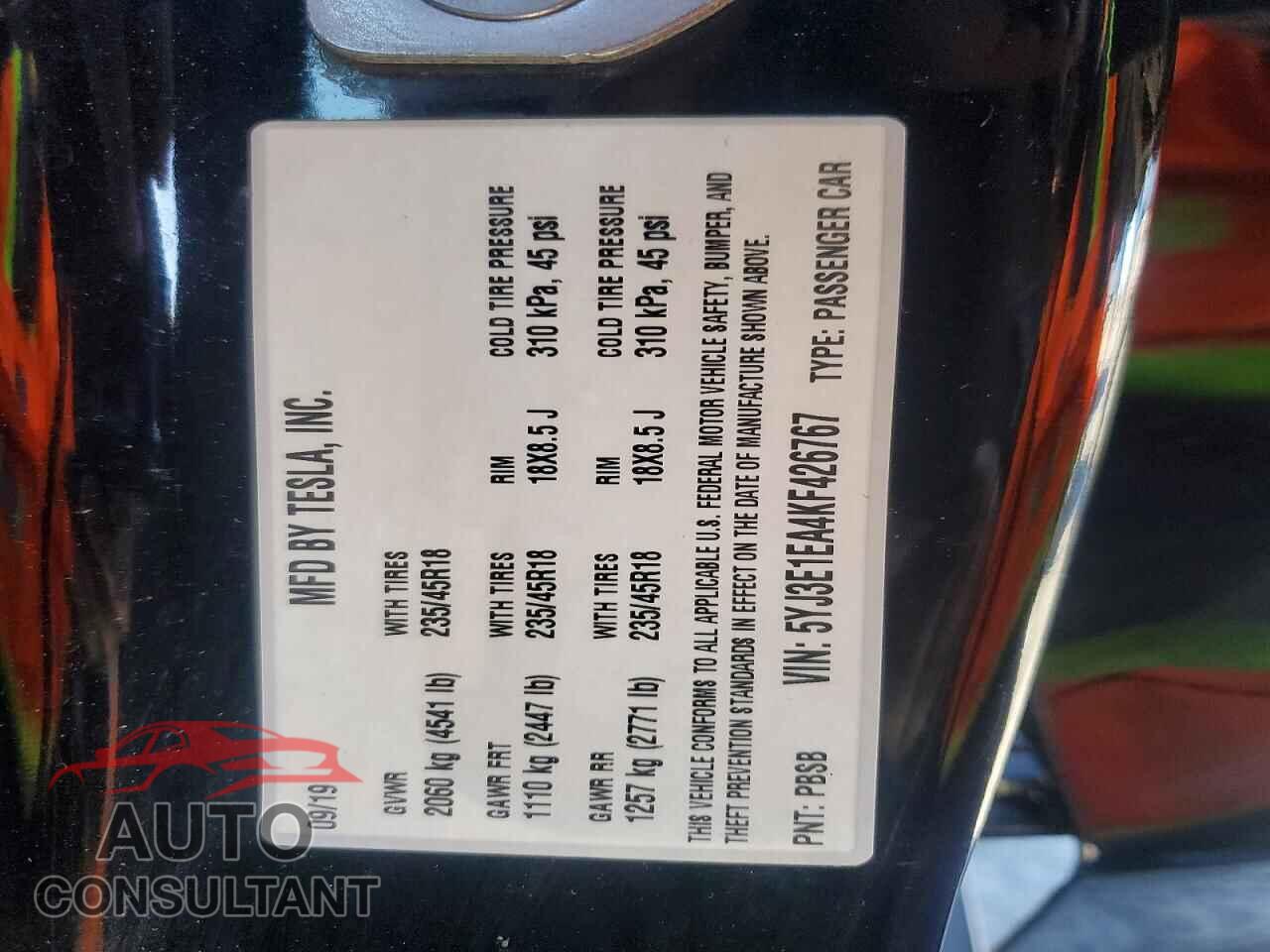TESLA MODEL 3 2019 - 5YJ3E1EA4KF426767