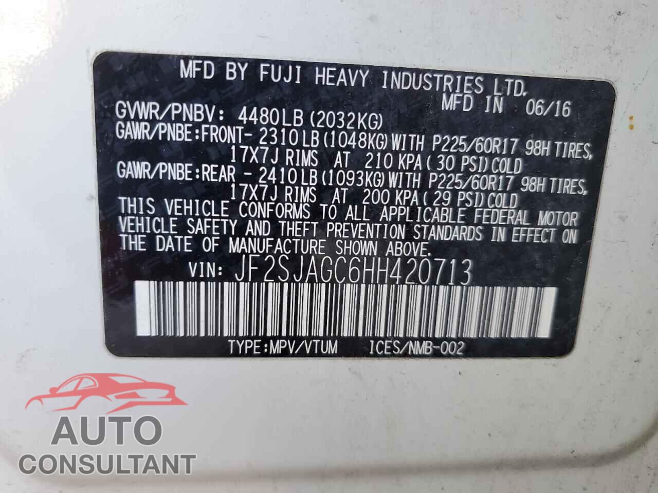 SUBARU FORESTER 2017 - JF2SJAGC6HH420713