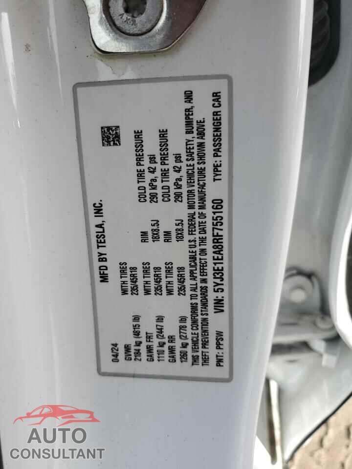 TESLA MODEL 3 2024 - 5YJ3E1EA8RF755160