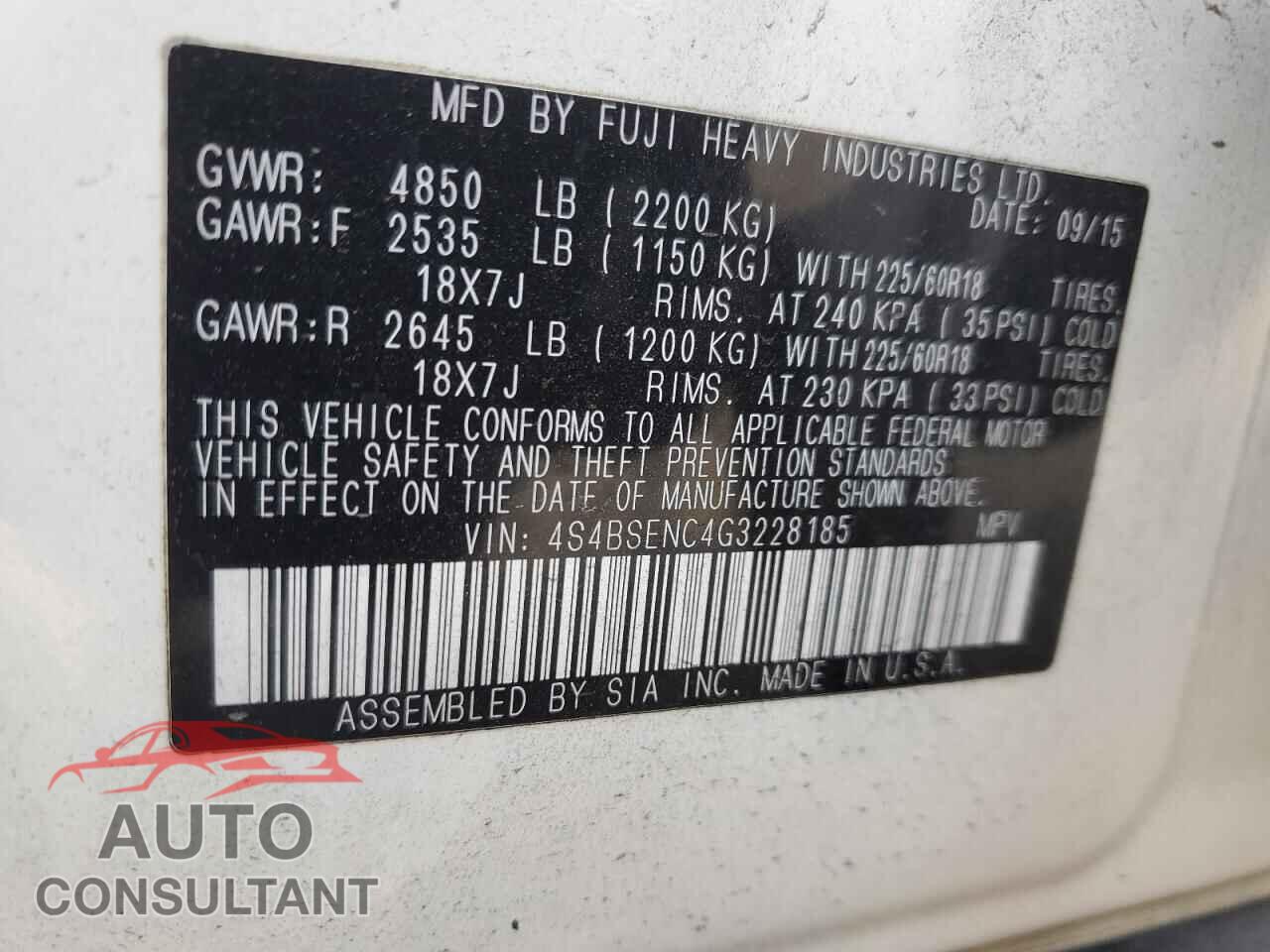 SUBARU OUTBACK 2016 - 4S4BSENC4G3228185