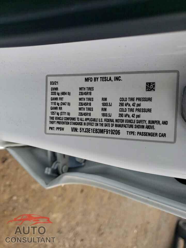 TESLA MODEL 3 2021 - 5YJ3E1EB3MF919206