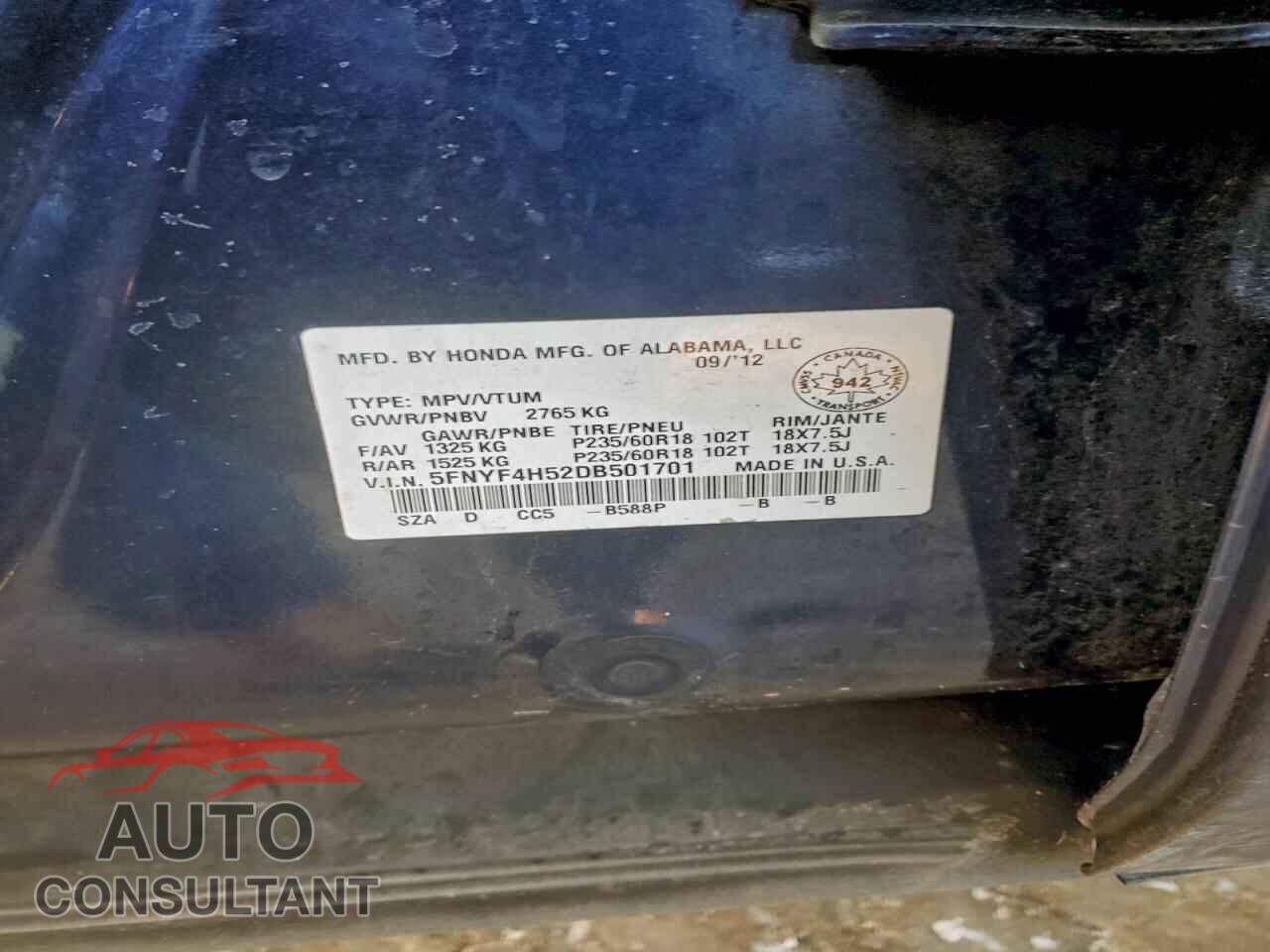 HONDA PILOT 2013 - 5FNYF4H52DB501701