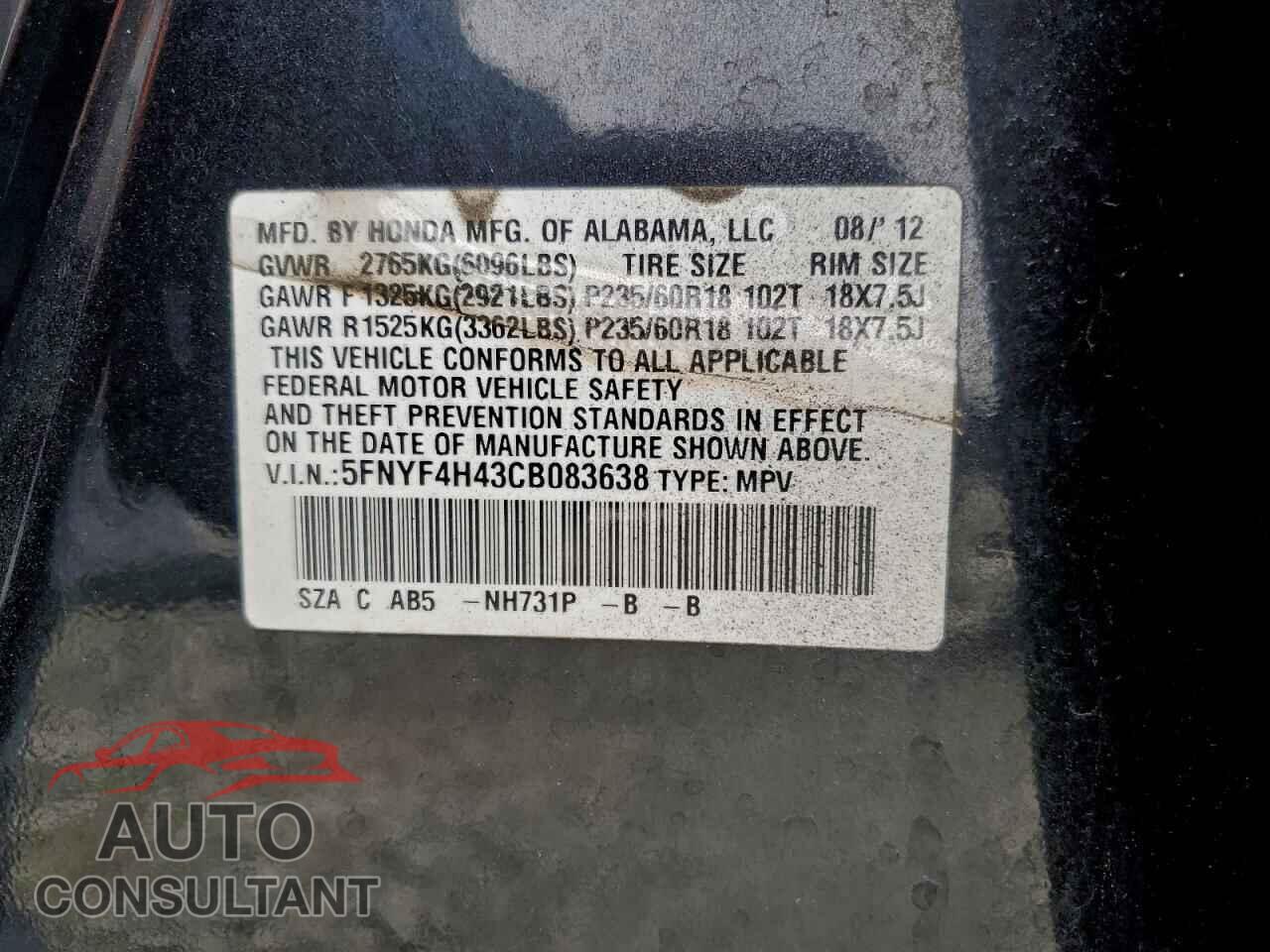 HONDA PILOT 2012 - 5FNYF4H43CB083638
