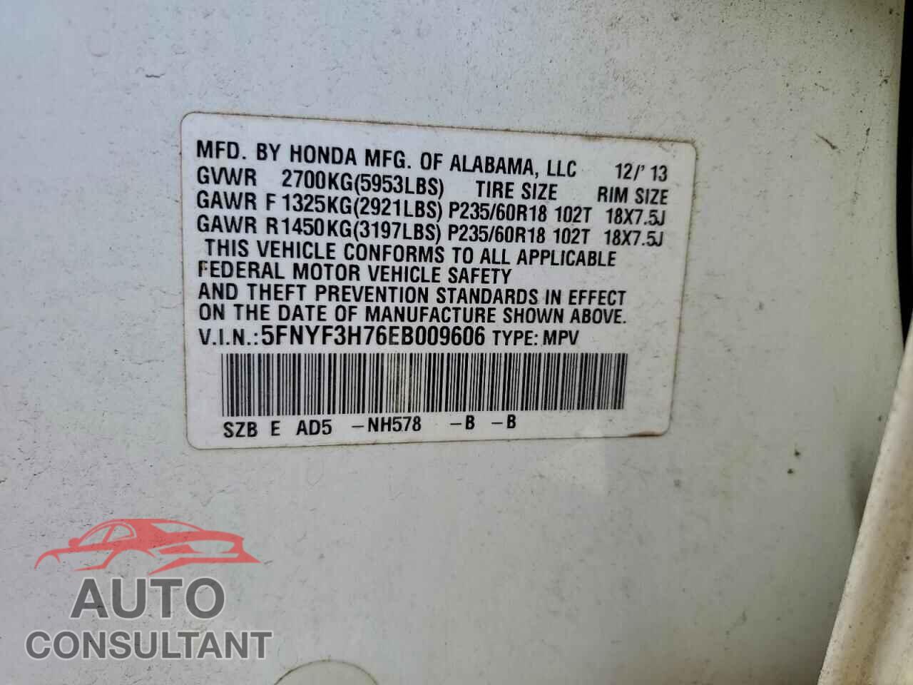 HONDA PILOT 2014 - 5FNYF3H76EB009606
