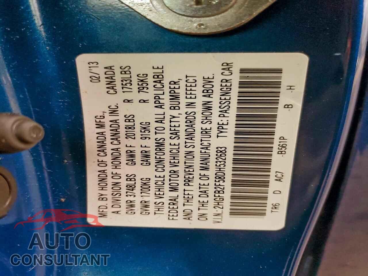 HONDA CIVIC 2013 - 2HGFB2F58DH532683