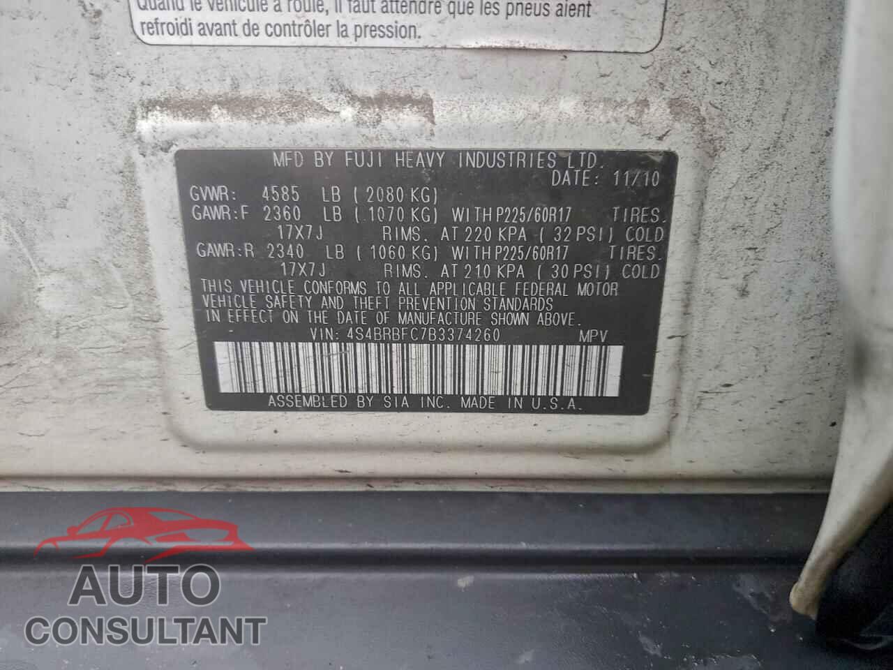 SUBARU OUTBACK 2011 - 4S4BRBFC7B3374260