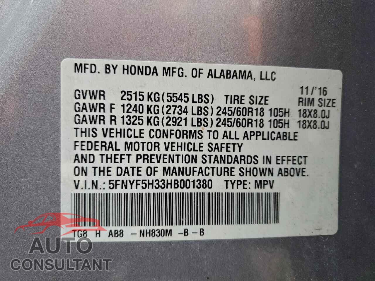 HONDA PILOT 2017 - 5FNYF5H33HB001380