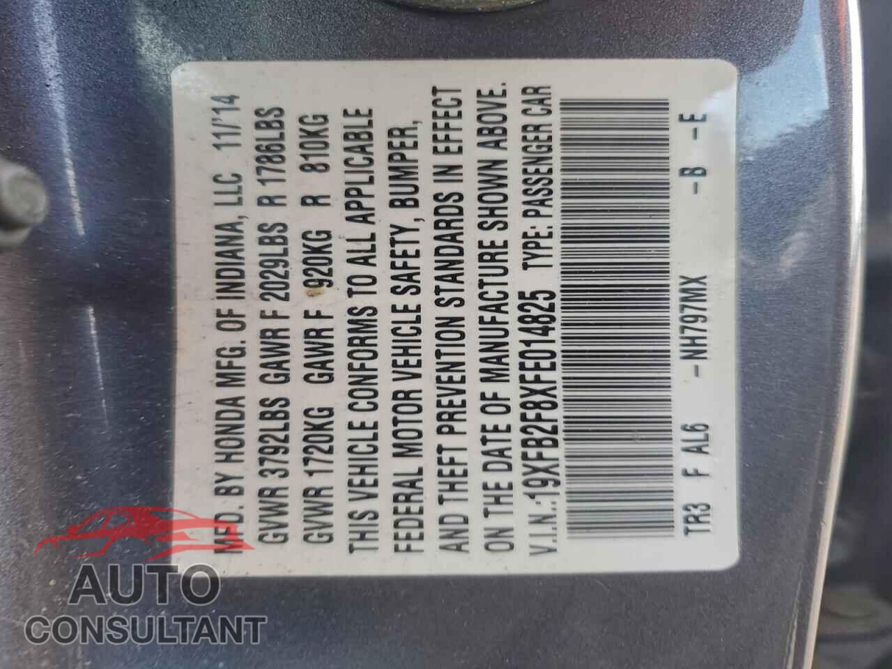 HONDA CIVIC 2015 - 19XFB2F8XFE014825