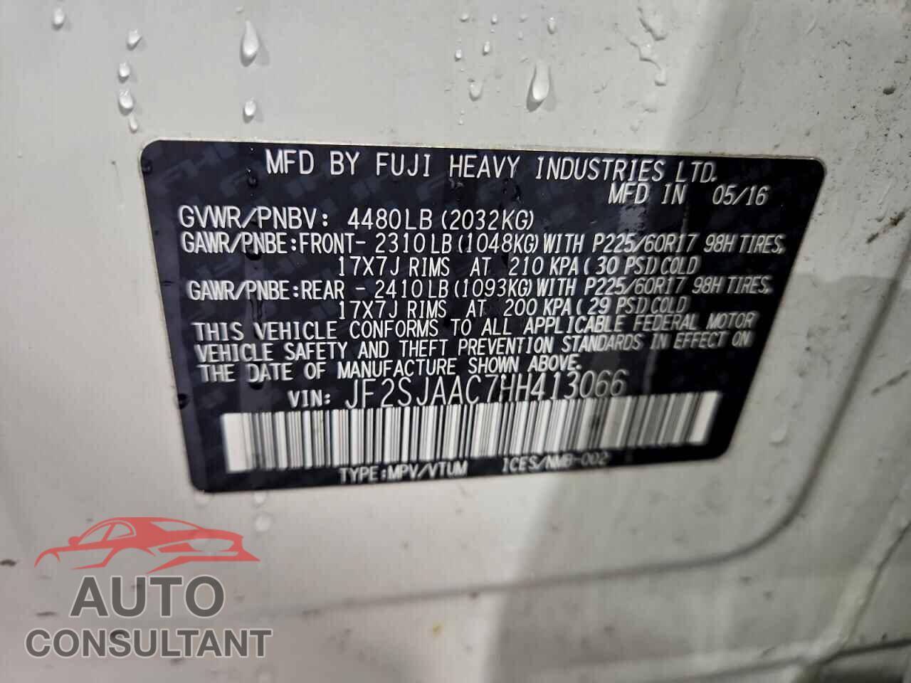 SUBARU FORESTER 2017 - JF2SJAAC7HH413066