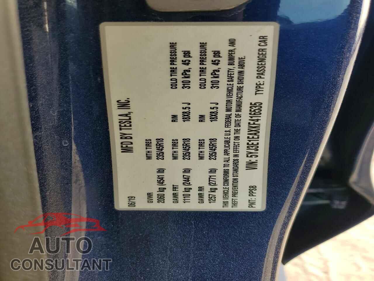 TESLA MODEL 3 2019 - 5YJ3E1EAXKF416535
