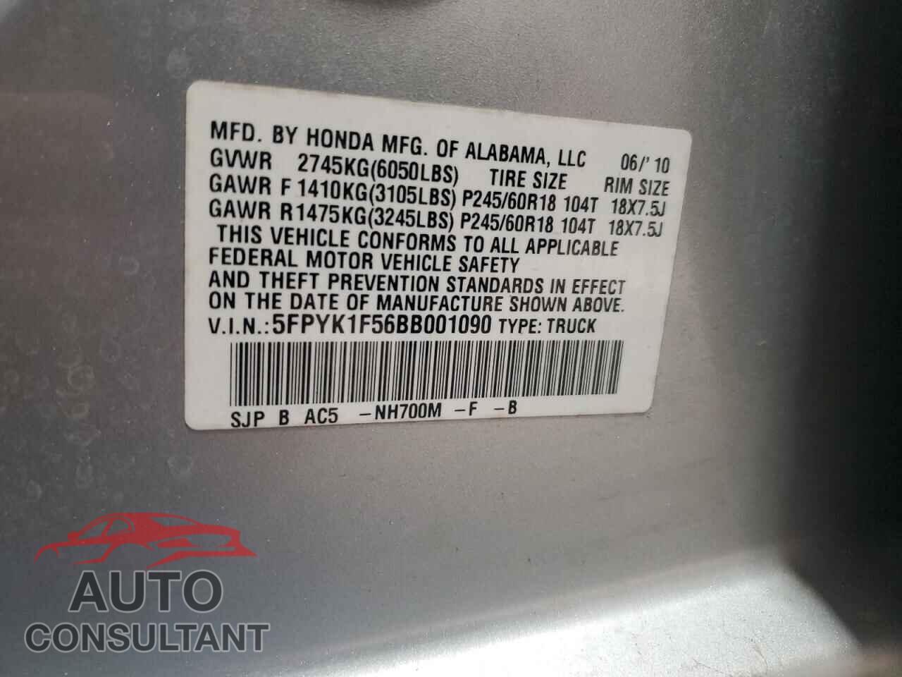 HONDA RIDGELINE 2011 - 5FPYK1F56BB001090