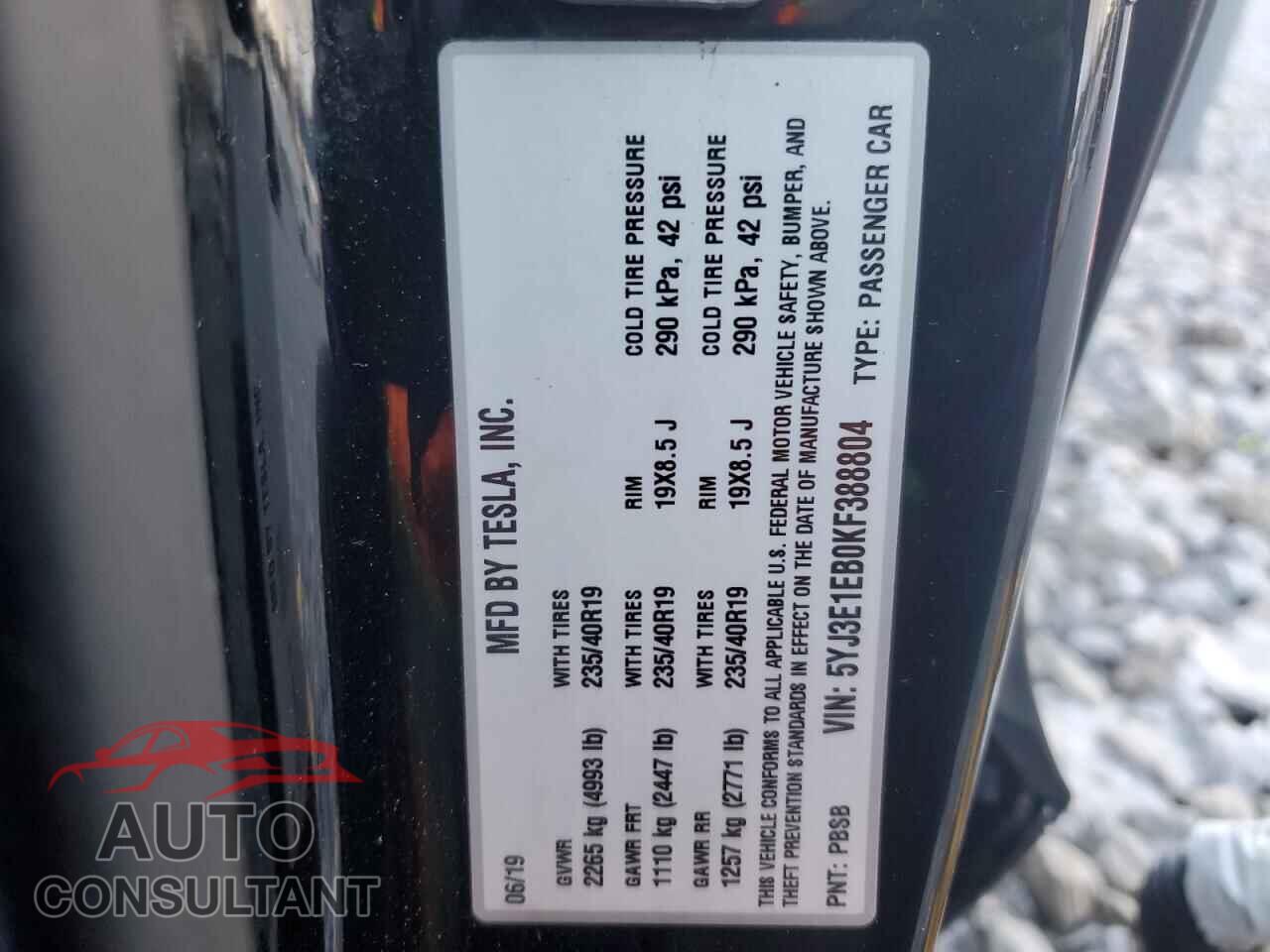 TESLA MODEL 3 2019 - 5YJ3E1EB0KF388804