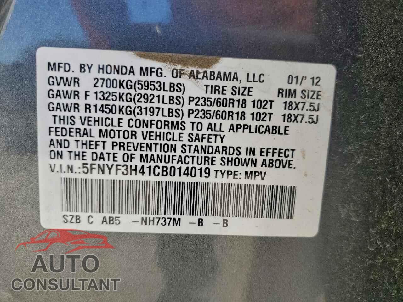 HONDA PILOT 2012 - 5FNYF3H41CB014019