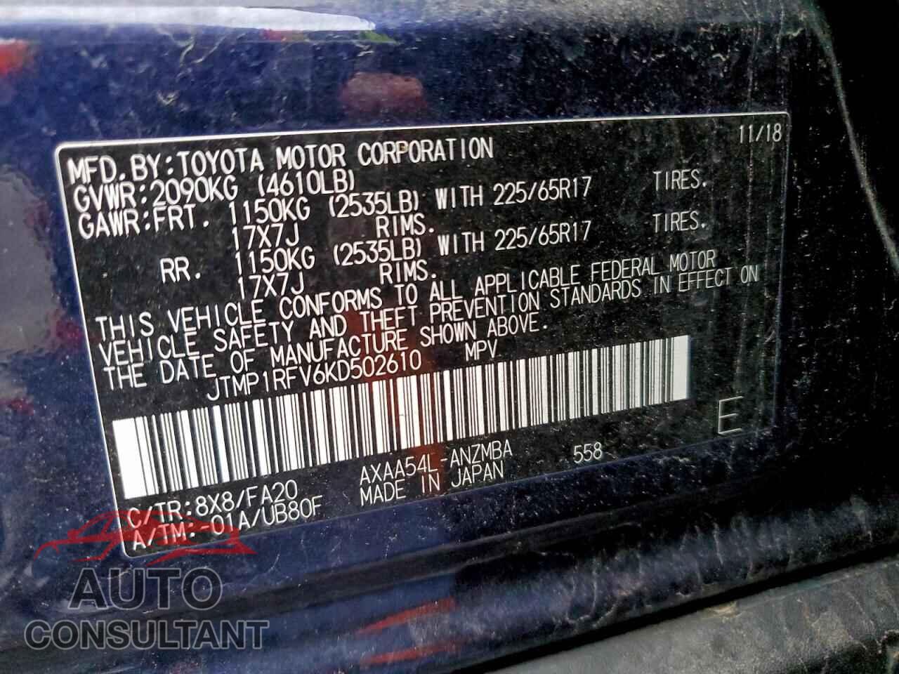 TOYOTA RAV4 2019 - JTMP1RFV6KD502610