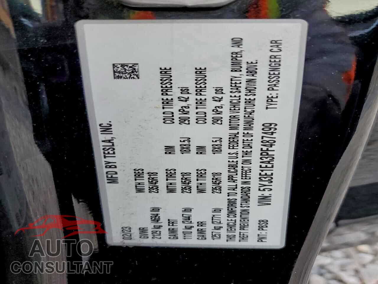 TESLA MODEL 3 2023 - 5YJ3E1EA3PF487499