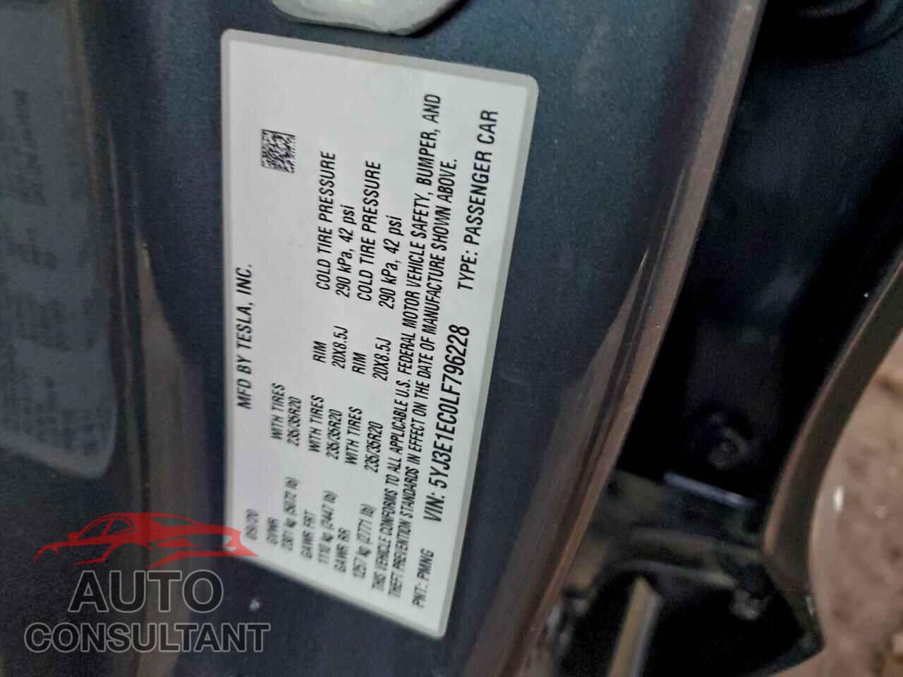 TESLA MODEL 3 2020 - 5YJ3E1EC0LF796228