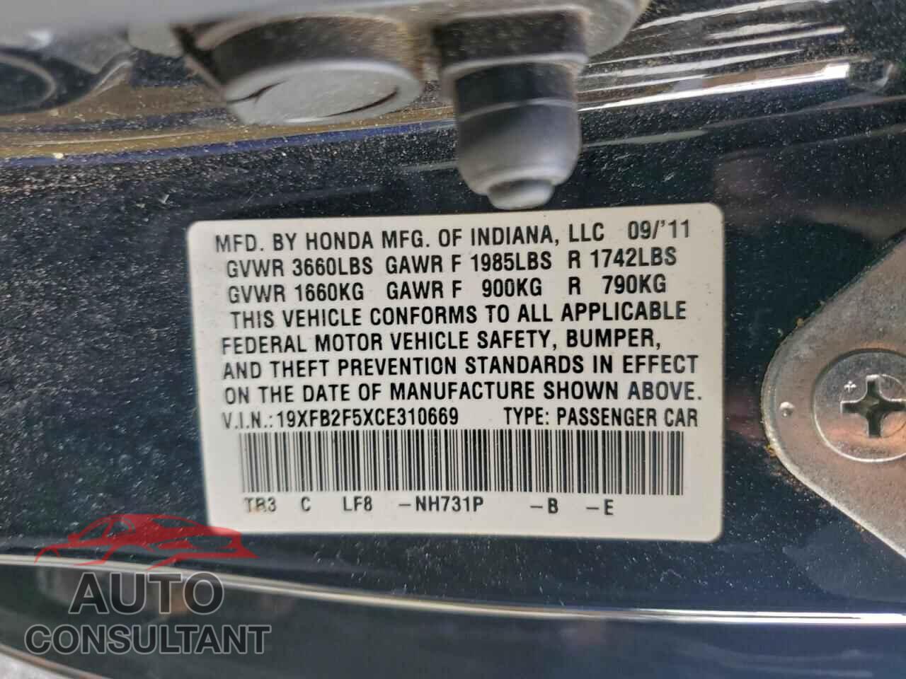 HONDA CIVIC 2012 - 19XFB2F5XCE310669