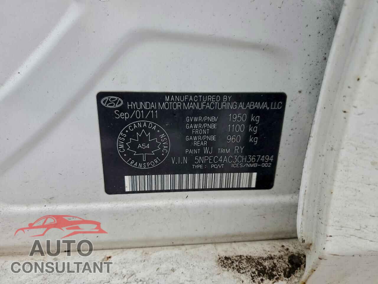 HYUNDAI SONATA 2012 - 5NPEC4AC3CH367494