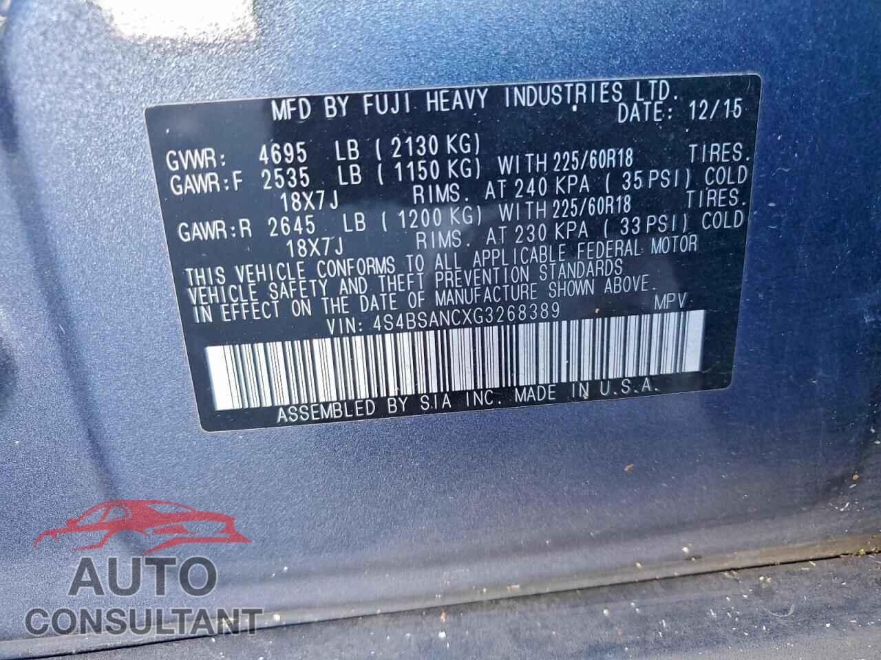 SUBARU OUTBACK 2016 - 4S4BSANCXG3268389