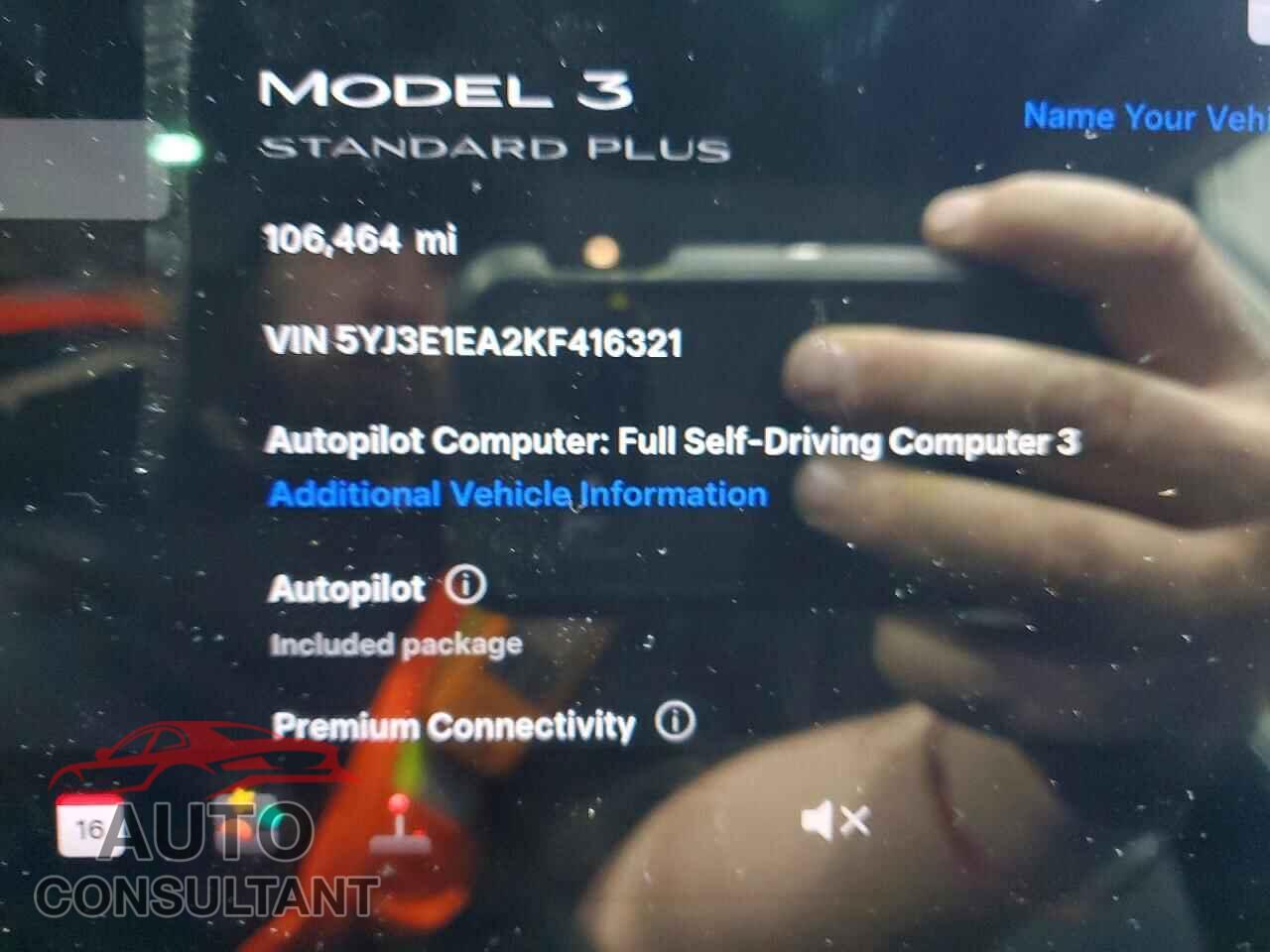 TESLA MODEL 3 2019 - 5YJ3E1EA2KF416321