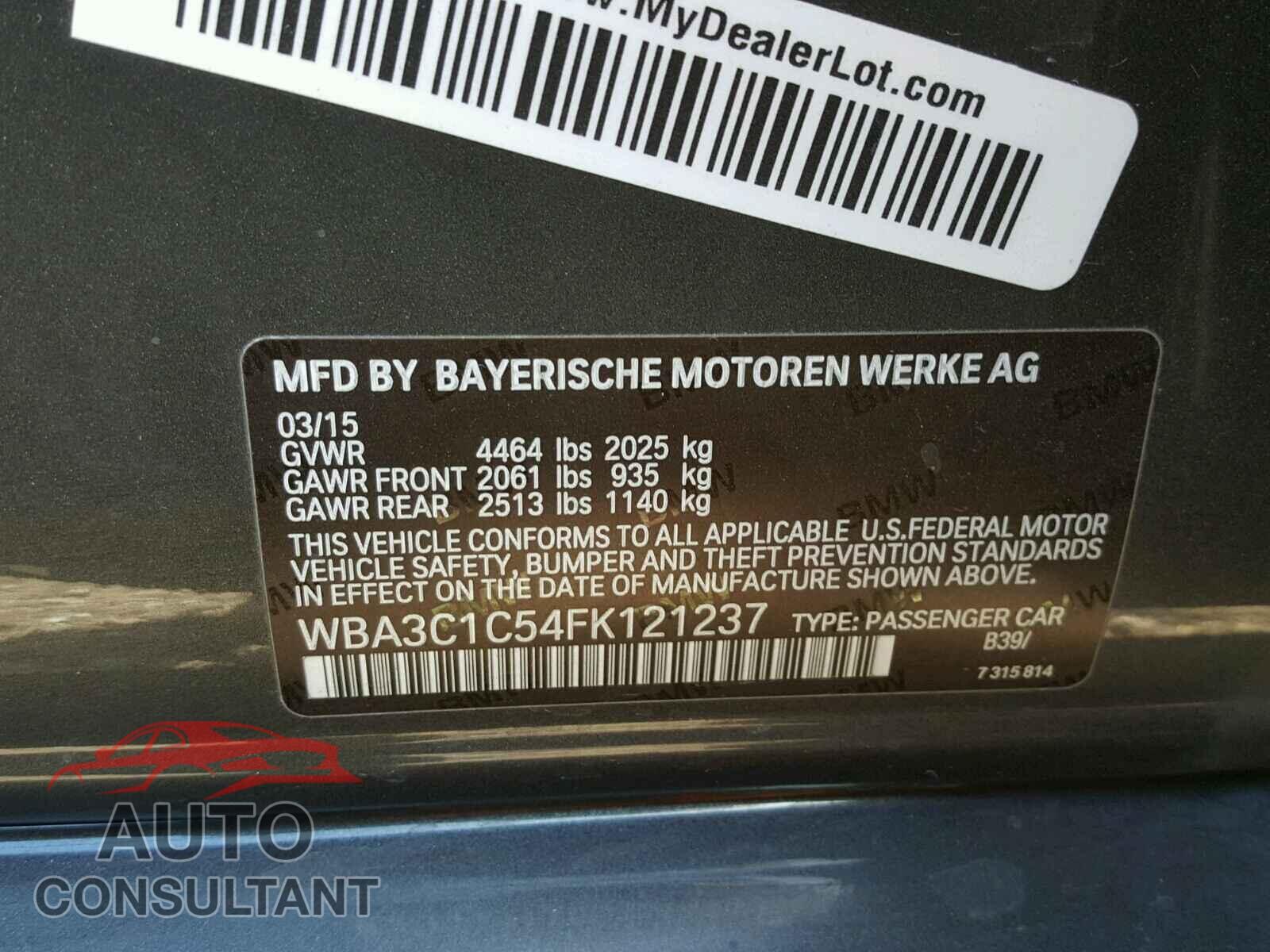 BMW 3 SERIES 2015 - WBA3C1C54FK121237