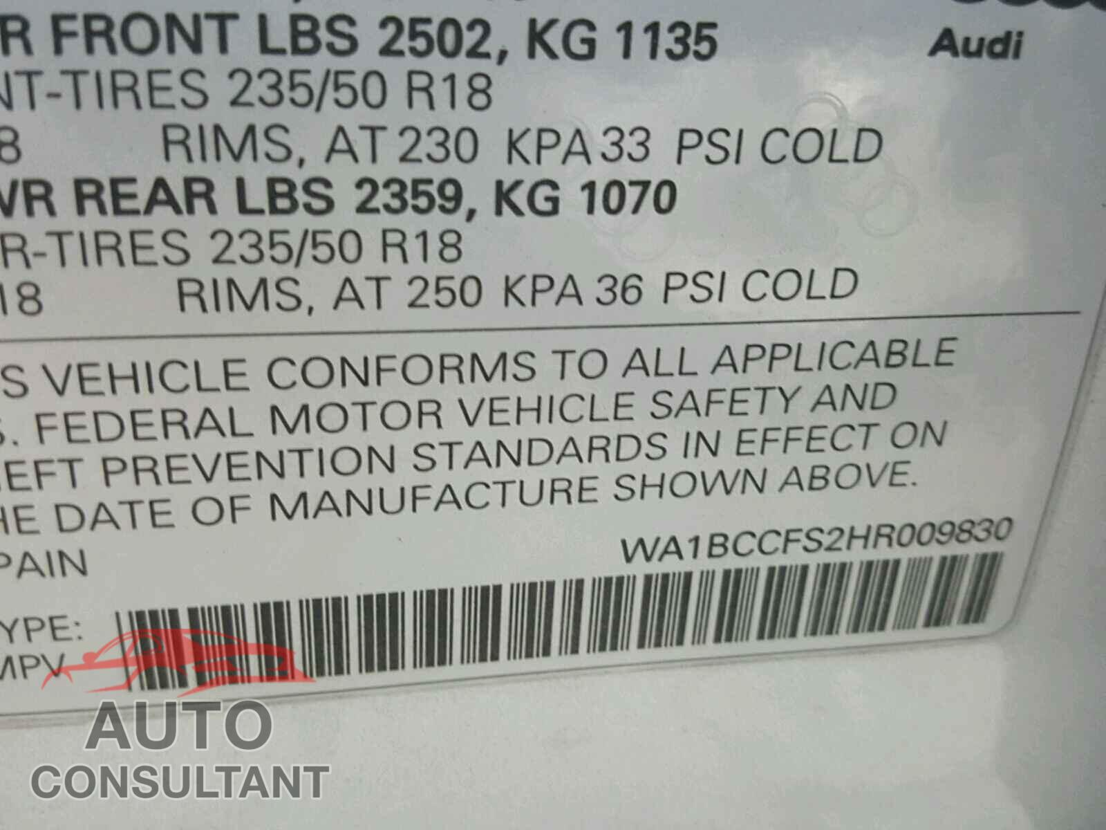 AUDI Q3 2017 - WA1BCCFS2HR009830