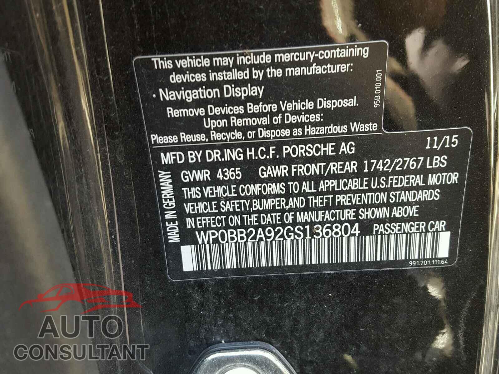 PORSCHE 911 2016 - WP0BB2A92GS136804
