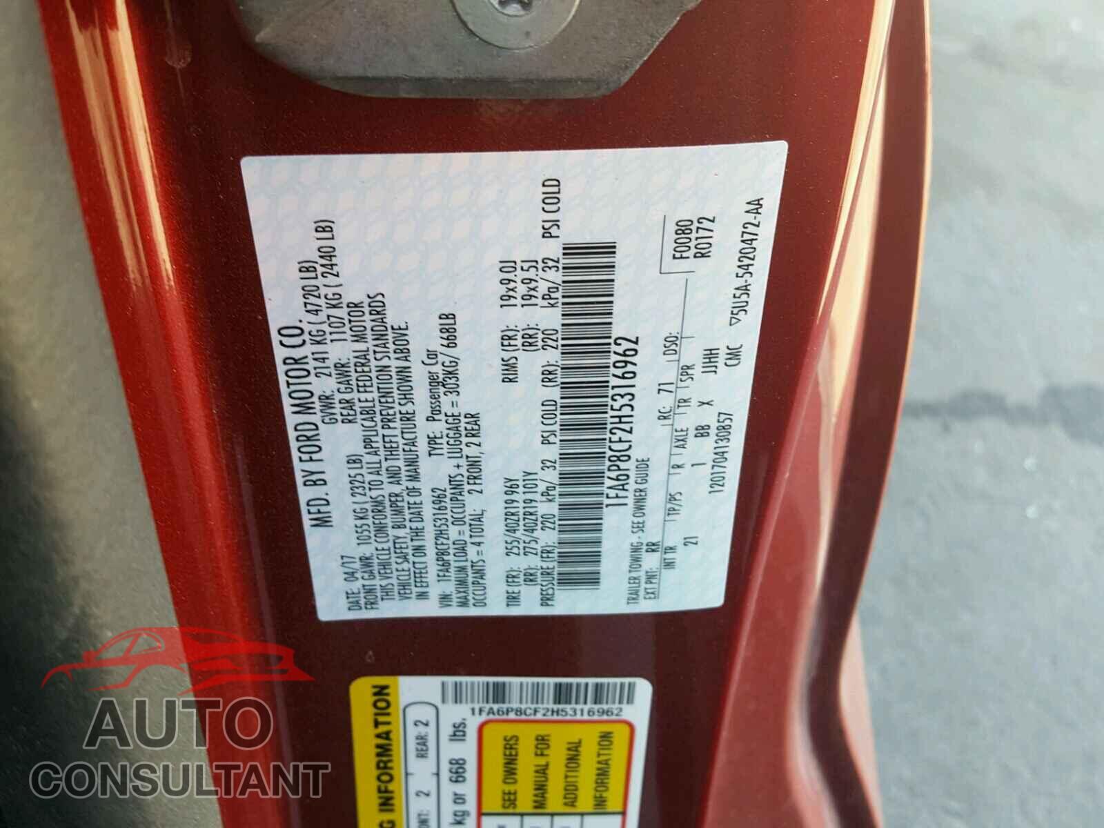 FORD MUSTANG 2017 - 1FA6P8CF2H5316962