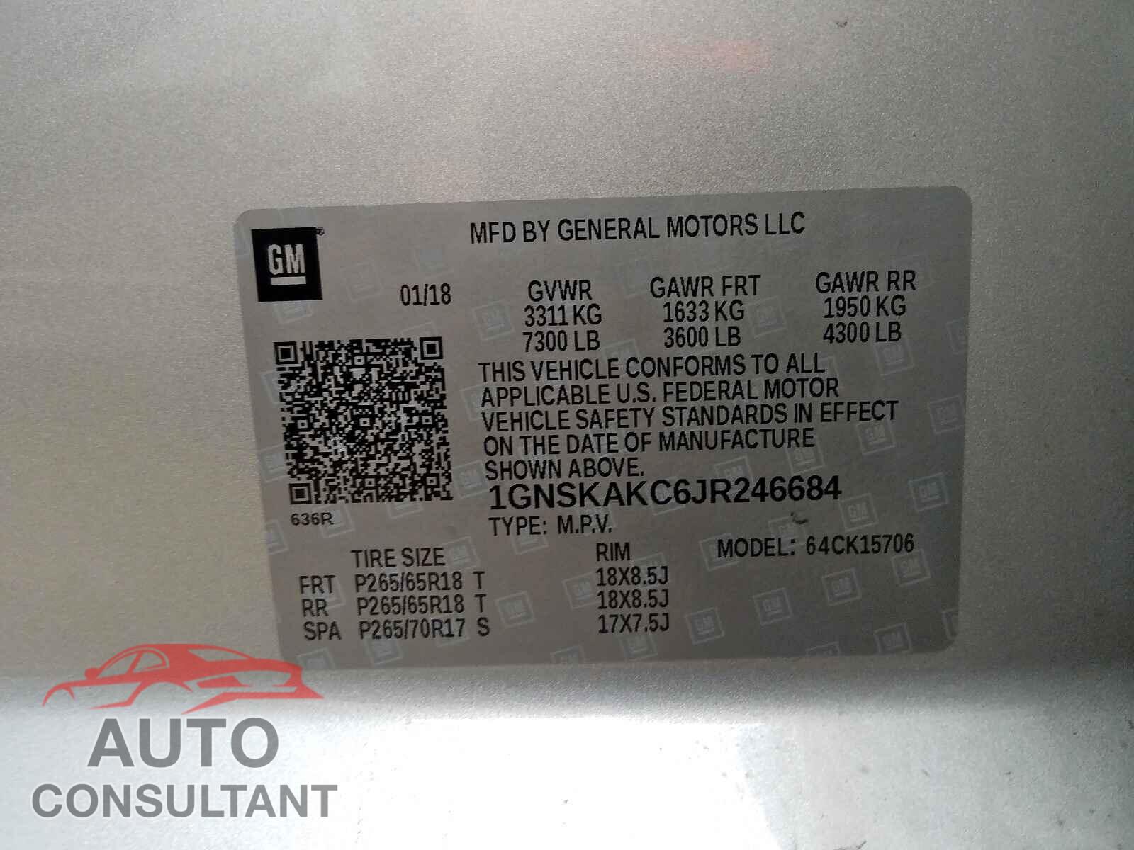 CHEVROLET TAHOE 2018 - WP1AA2A24JKA07051