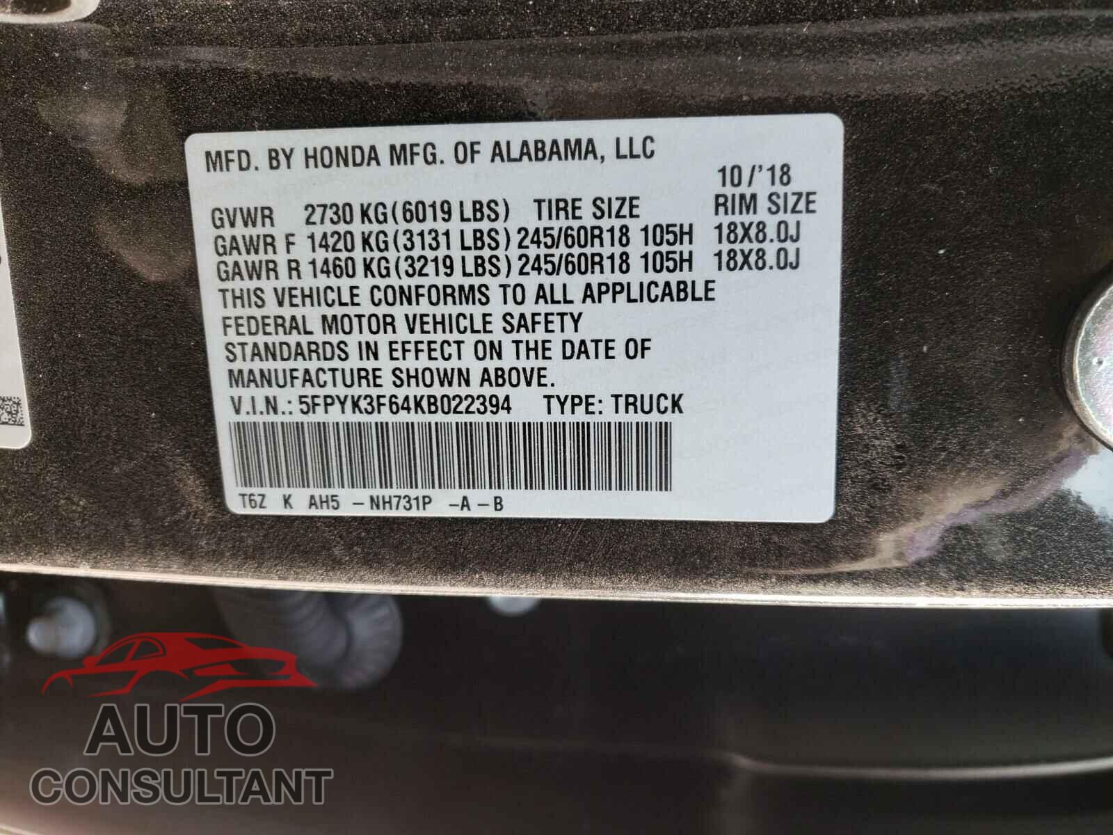 HONDA RIDGELINE 2019 - 5FPYK3F64KB022394