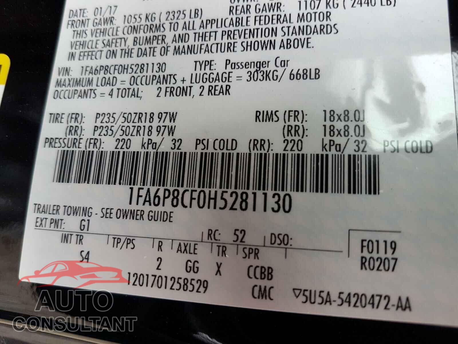 FORD MUSTANG 2017 - 1FA6P8CF0H5281130