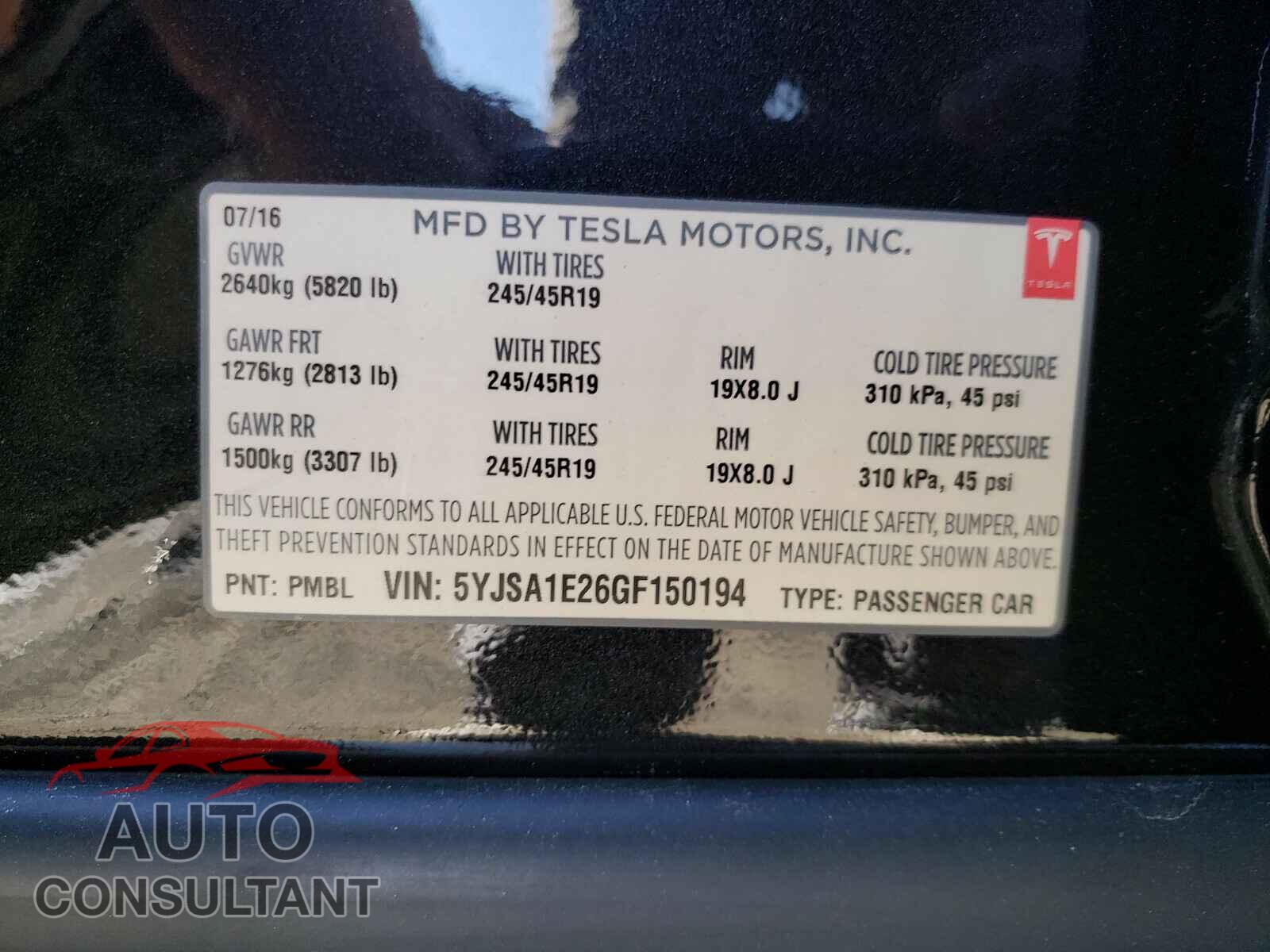 TESLA MODEL S 2016 - 5YJSA1E26GF150194