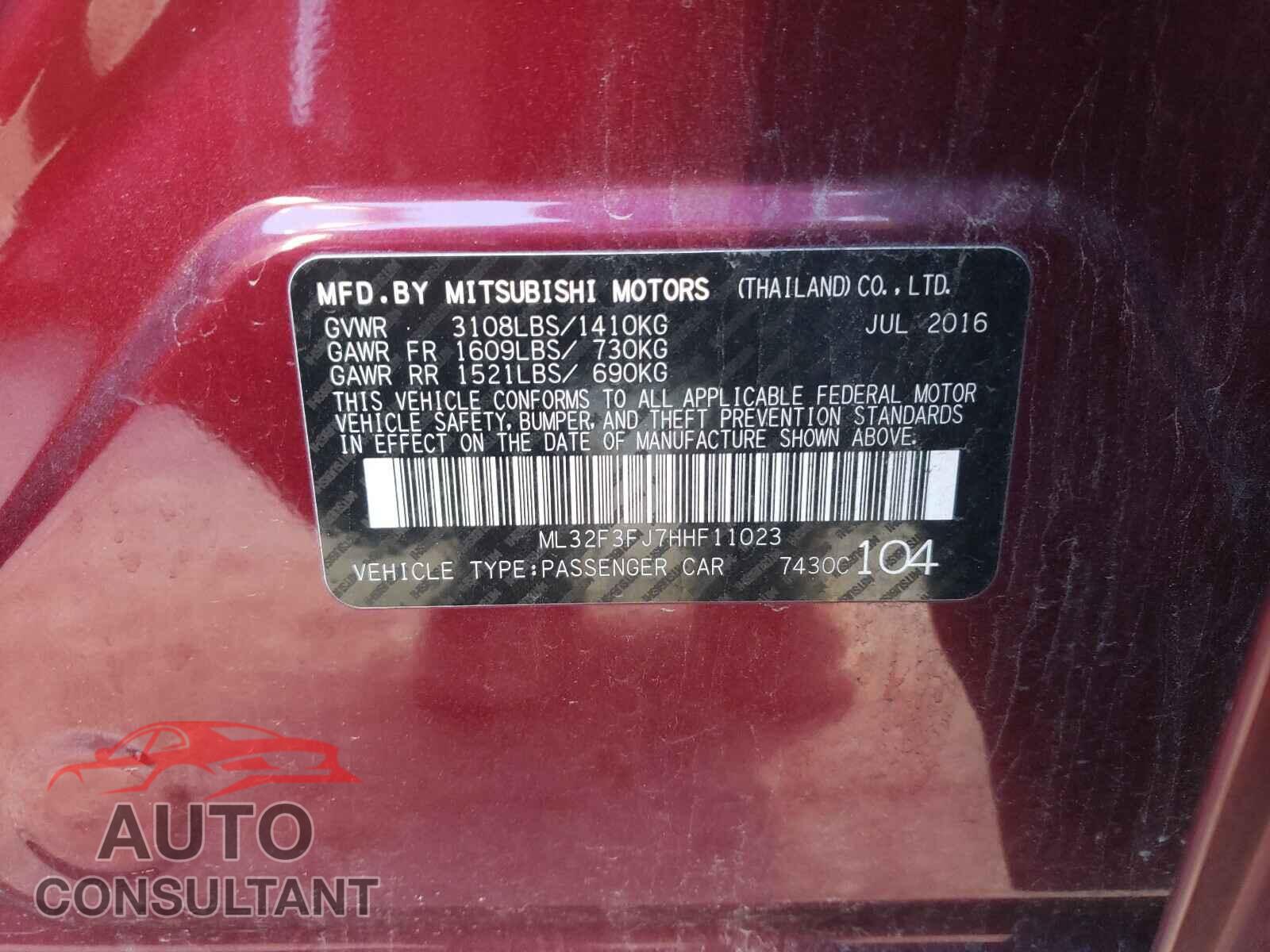 MITSUBISHI MIRAGE 2017 - ML32F3FJ7HHF11023