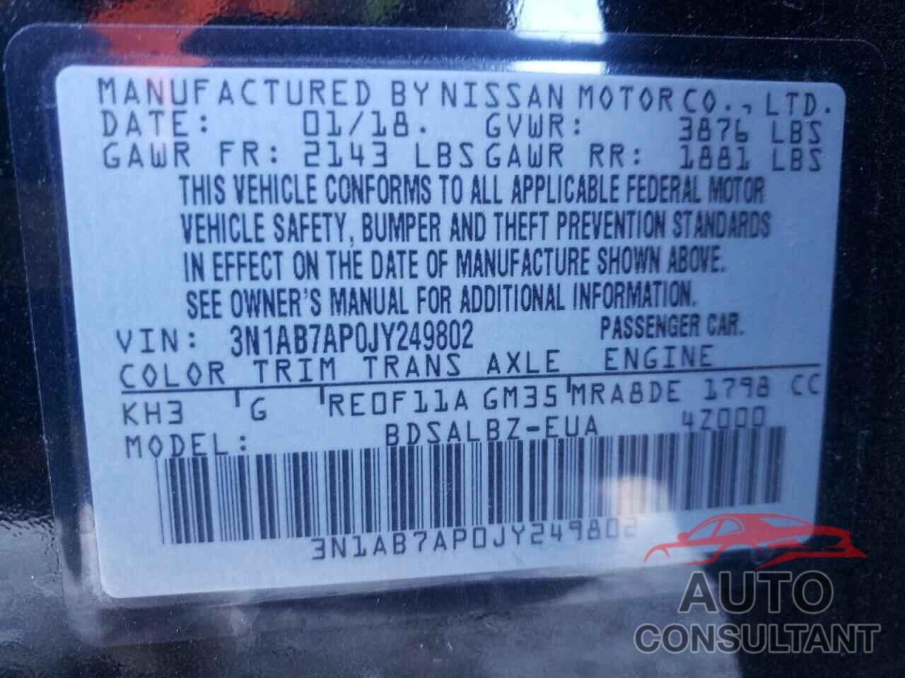 NISSAN SENTRA 2018 - 3N1AB7AP0JY249802