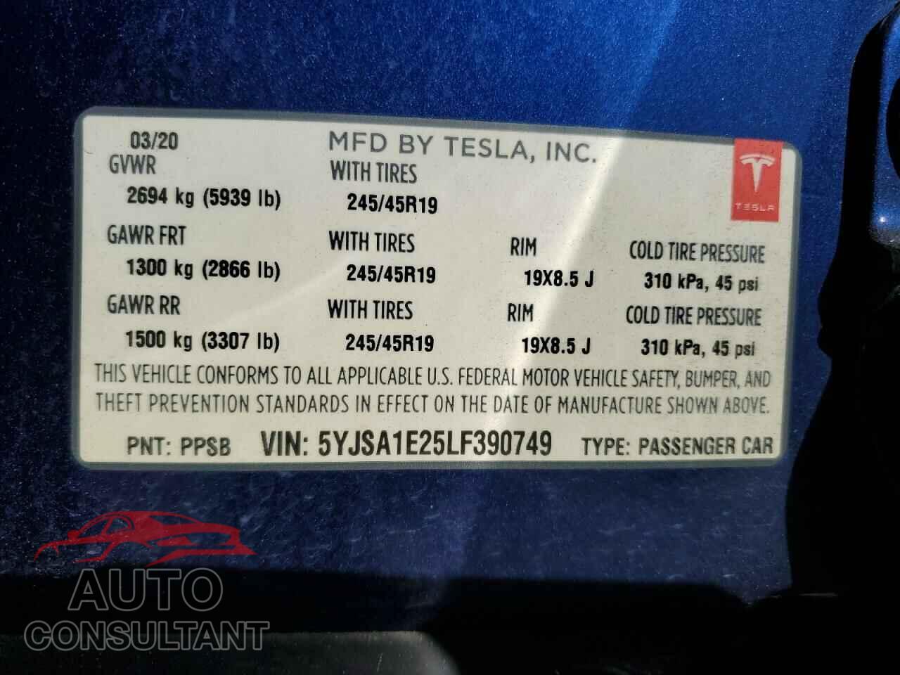 TESLA MODEL S 2020 - 5YJSA1E25LF390749