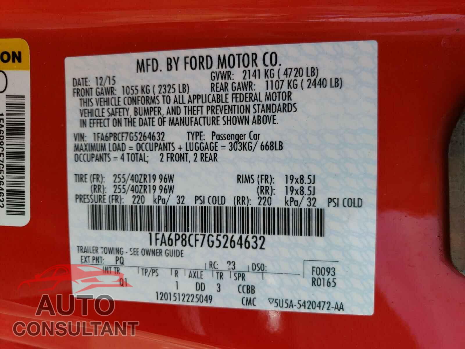FORD MUSTANG 2016 - 1FA6P8CF7G5264632