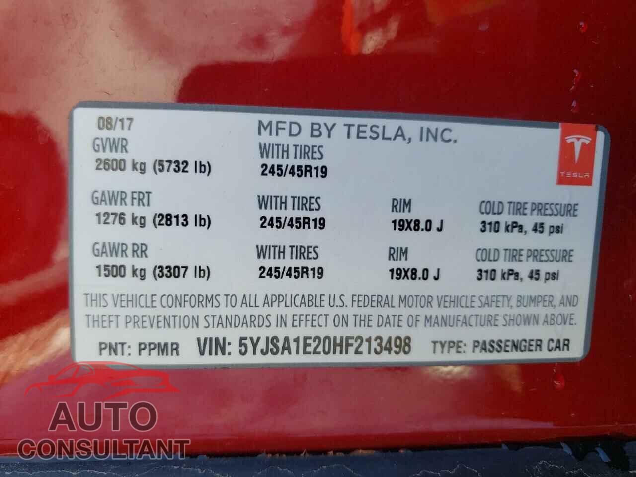 TESLA MODEL S 2017 - 5YJSA1E20HF213498