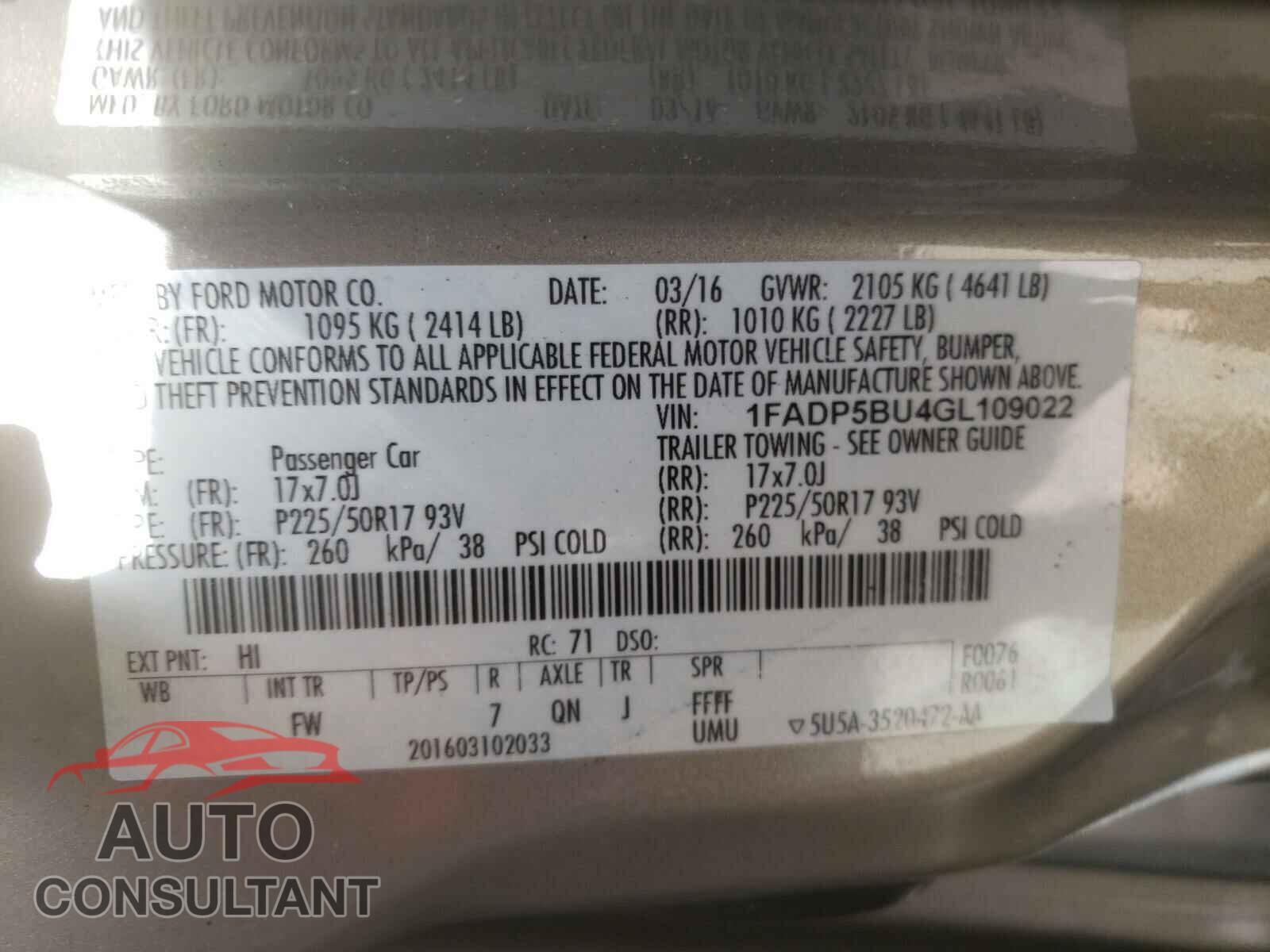 FORD CMAX 2016 - 1FADP5BU4GL109022