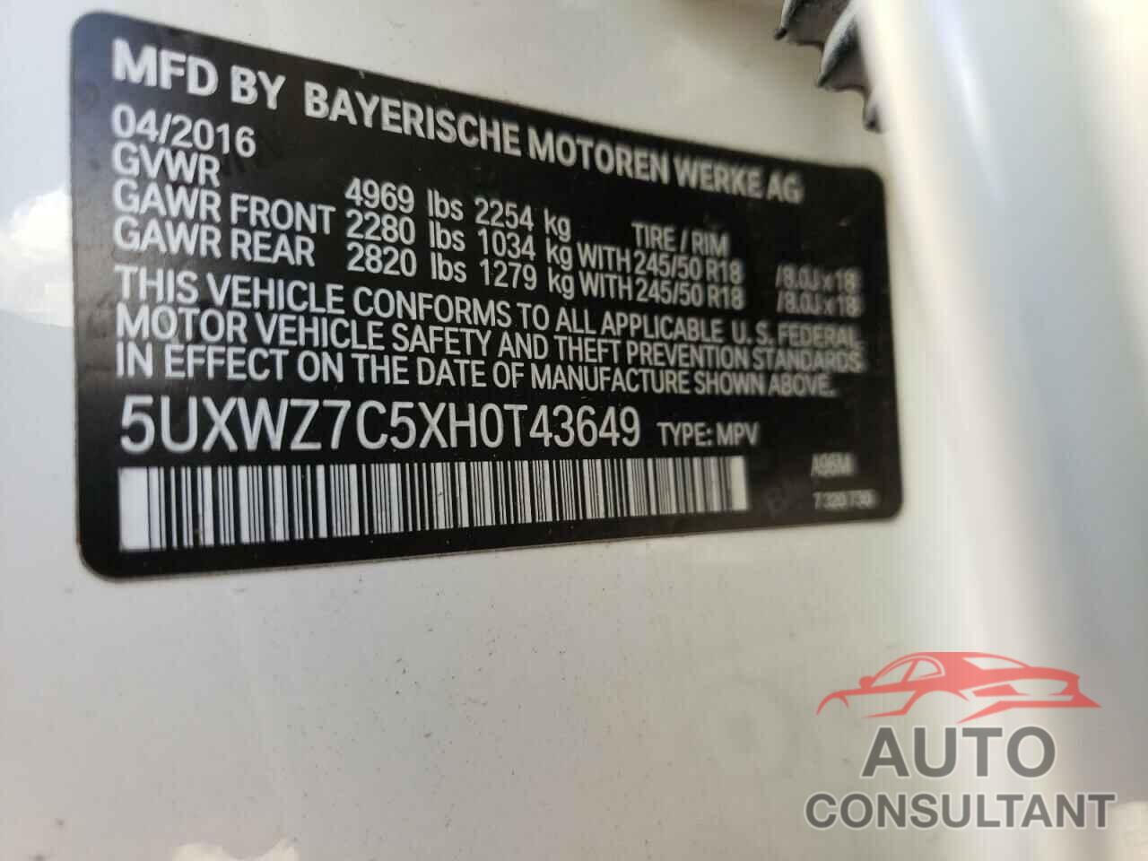 BMW X3 2017 - 5UXWZ7C5XH0T43649