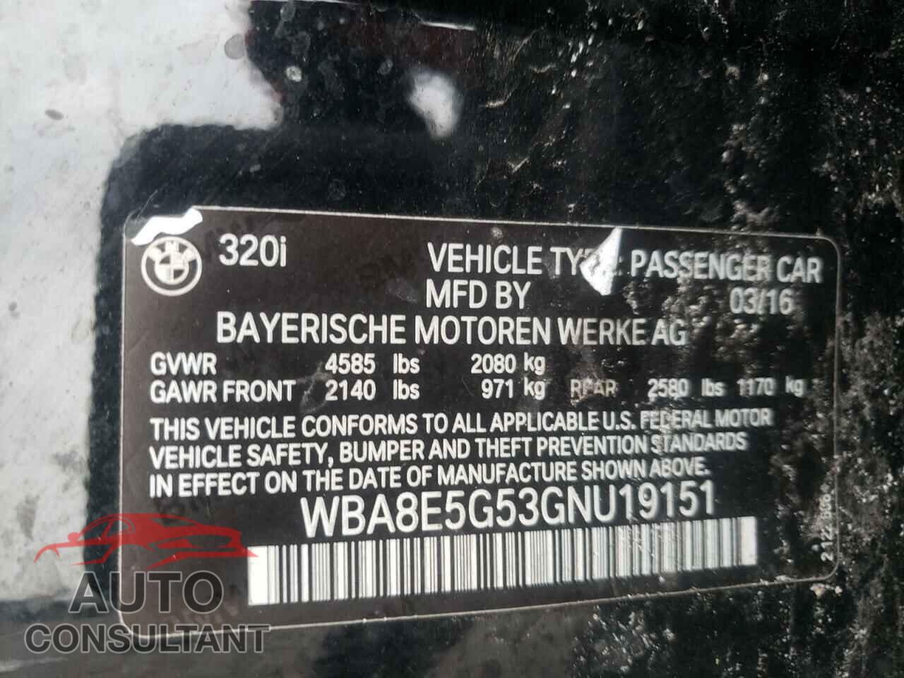 BMW 3 SERIES 2016 - WBA8E5G53GNU19151