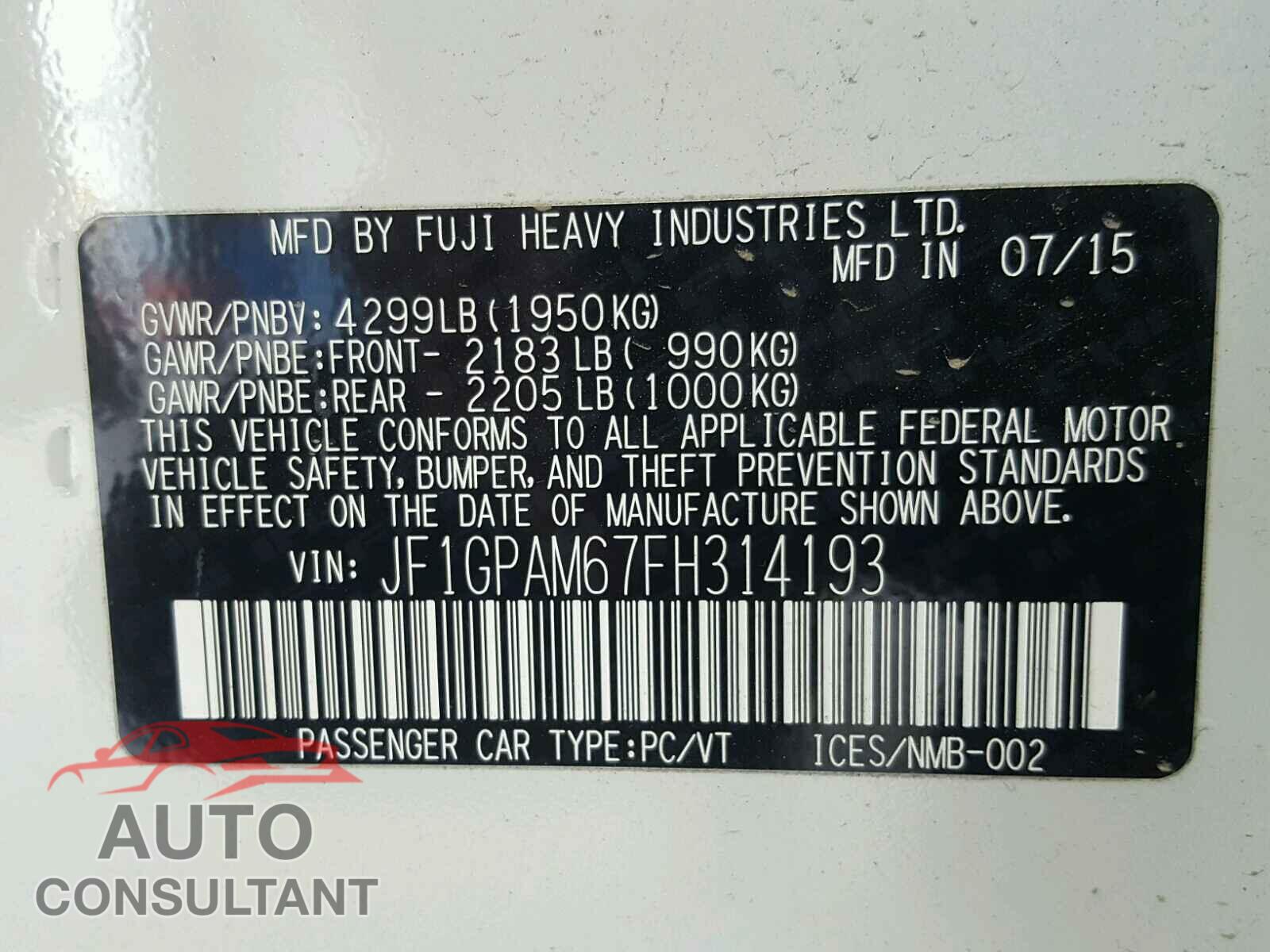 SUBARU IMPREZA 2015 - JF1GPAM67FH314193