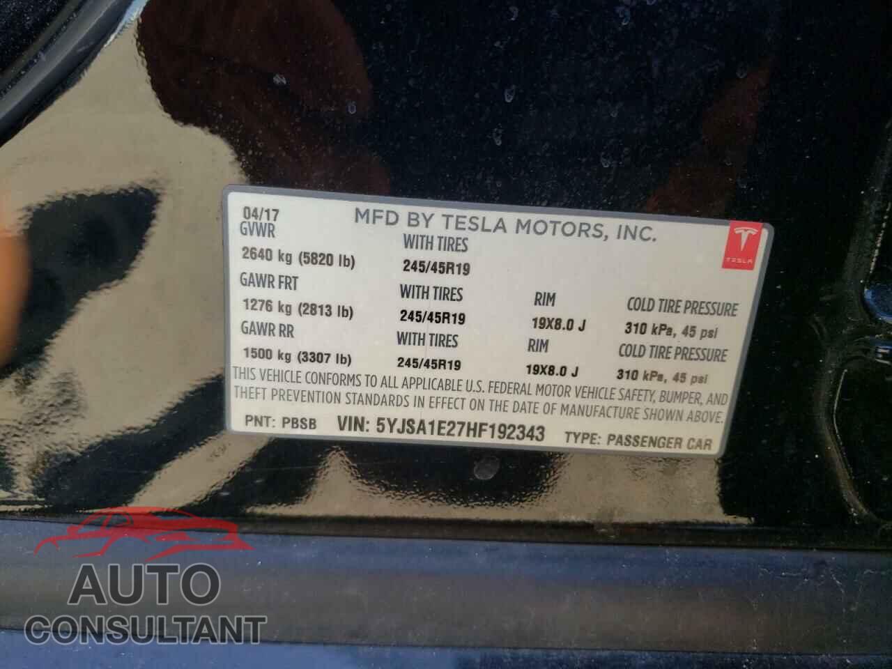 TESLA MODEL S 2017 - 5YJSA1E27HF192343