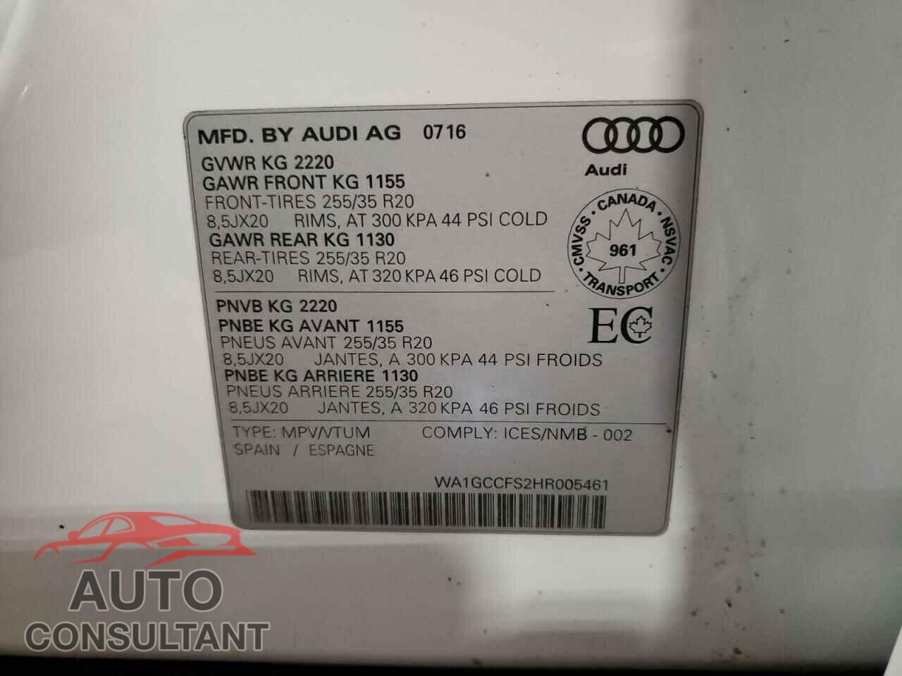 AUDI Q3 2017 - WA1GCCFS2HR005461