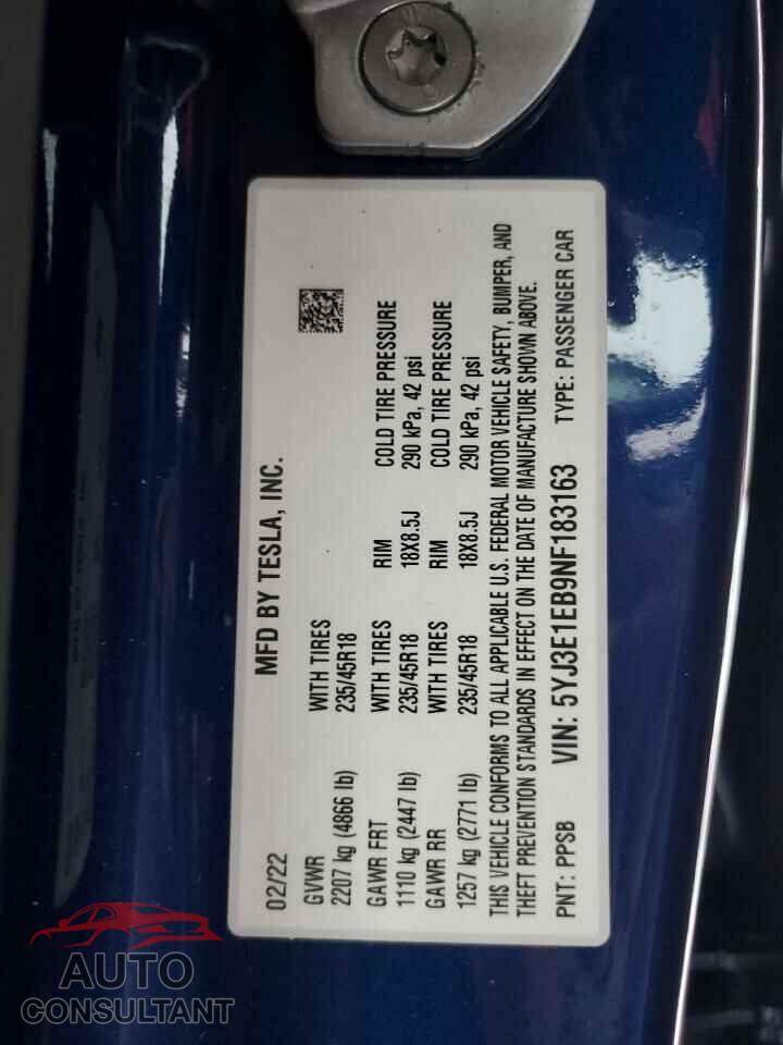 TESLA MODEL 3 2022 - 5YJ3E1EB9NF183163