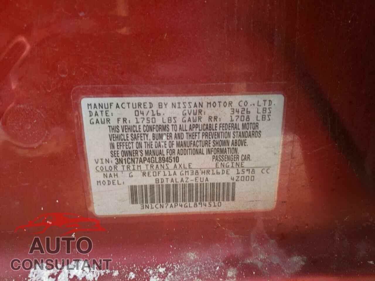 NISSAN VERSA 2016 - 3N1CN7AP4GL894510