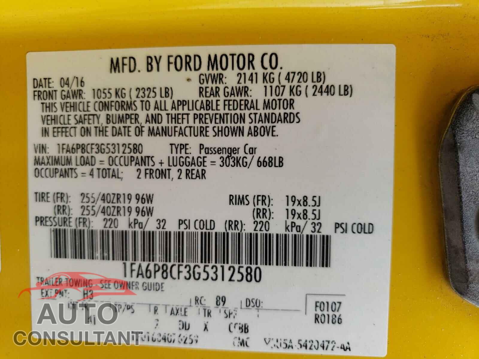 FORD MUSTANG 2016 - 1FA6P8CF3G5312580