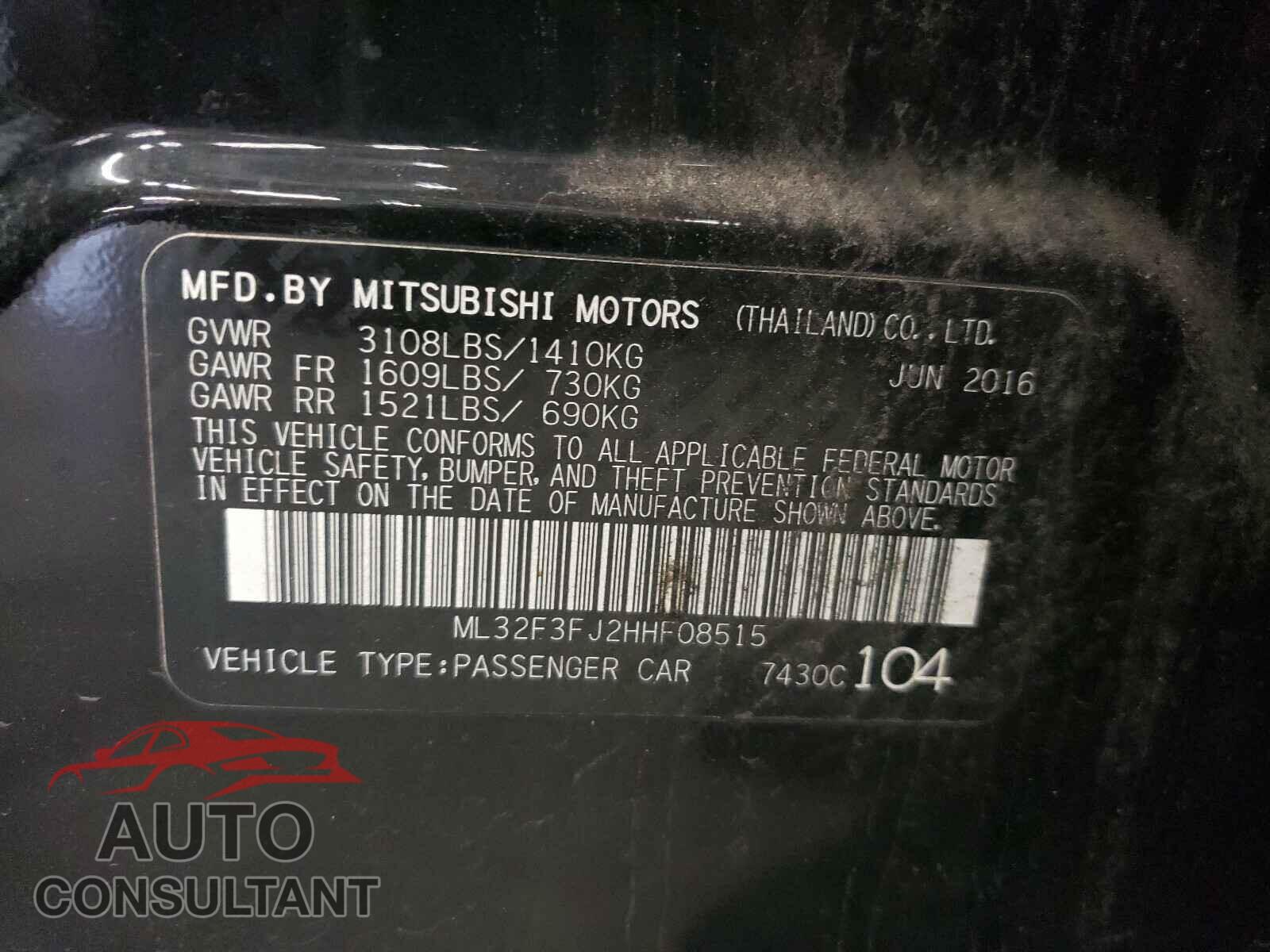 MITSUBISHI MIRAGE 2017 - ML32F3FJ2HHF08515